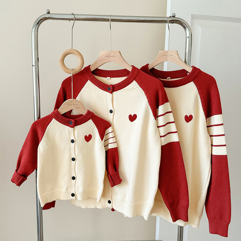 Picture of Family Dress 2025 Autumn Dress New Family of Three Contrast Color Bar Love Knitted Sweater Cardigan Jacket Family photo