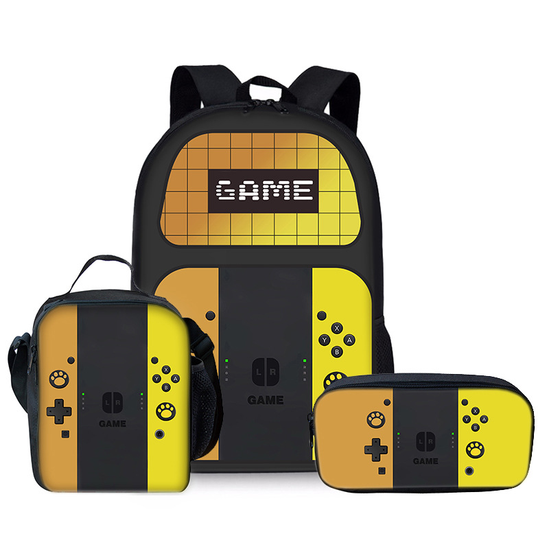 Game machine primary school student backpack three-piece DIY printed backpack meal bag pencil case