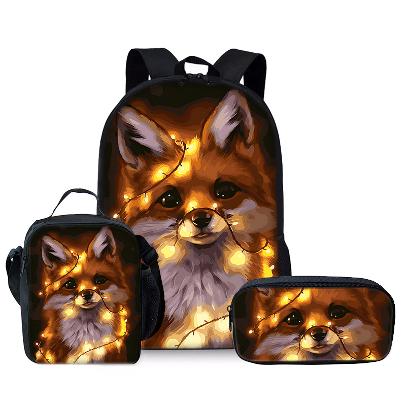 Cute little fox backpack three-piece DIY printed primary school student backpack meal bag pencil case