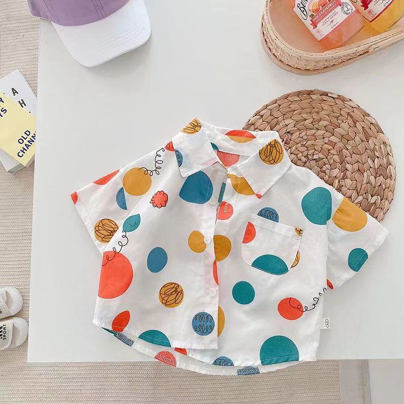 Children's Flower Shirt Boys and Girls Short-sleeved Woven Summer Primary School Students Floral Thin Baby Summer Clothes Trendy