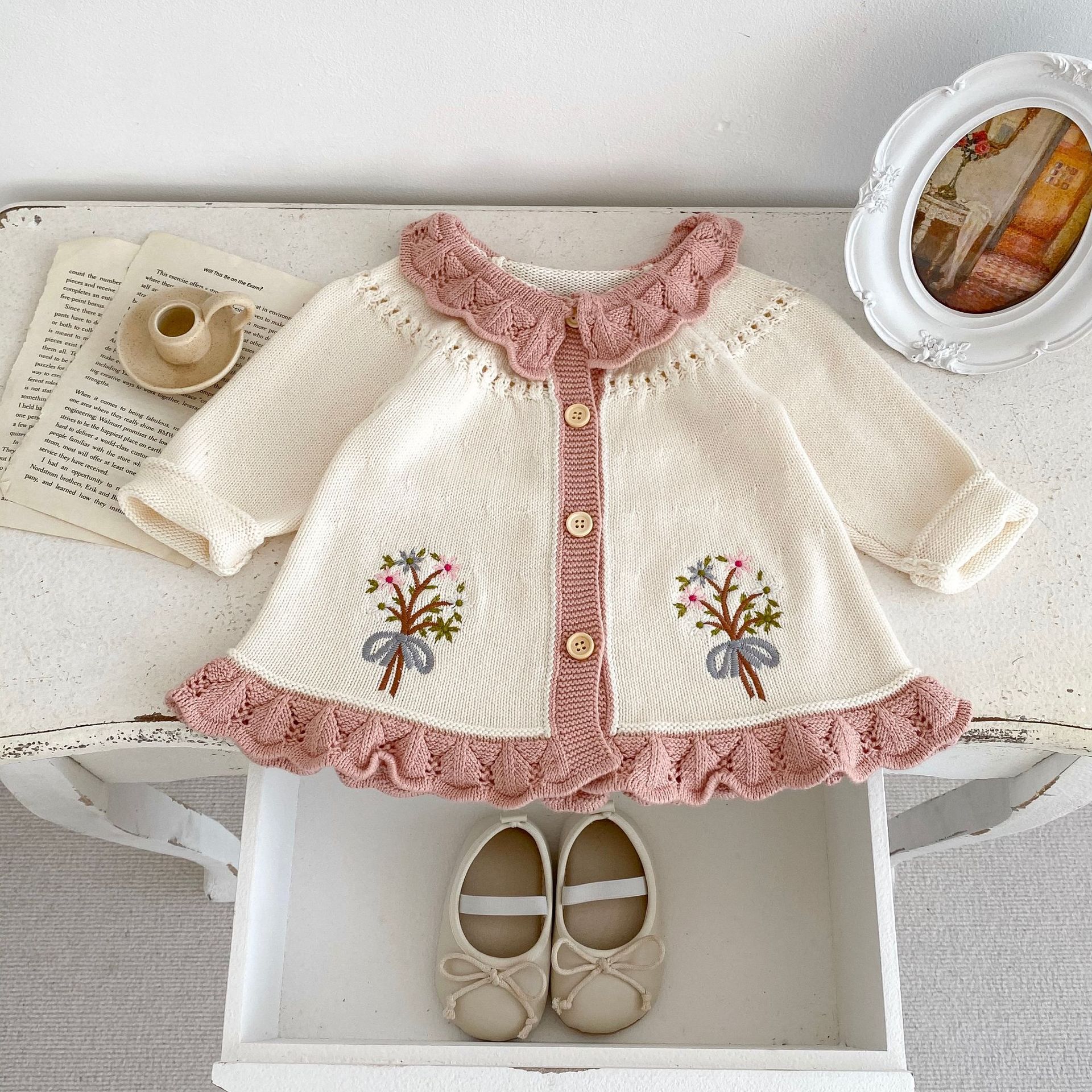 Picture of Ins2025 Spring and Autumn Baby Girl Retro Embroidered Cardigan Jacket Western Style Ruffled Lapel A-Line Long Sweater
