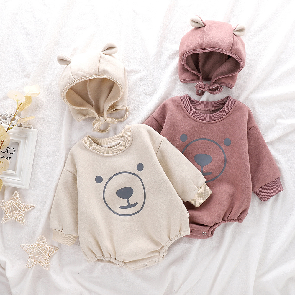 Picture of ins Children's Clothing Spring and Autumn One-piece Hattie Cute Printed Bear Long-sleeved Sweatshirt Bag Fart Clothes Baby Climbing Clothes Hat
