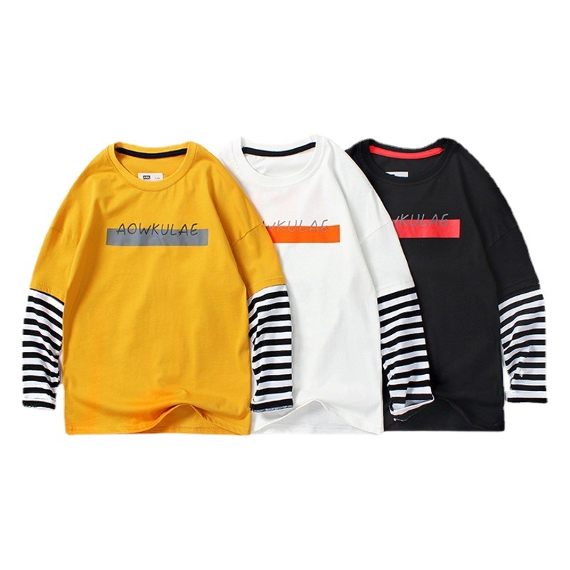 Children's T-Shirt Spring and Autum Korean Style Kidsren's Long-Sleeved Bottoming Shirt Big Kidsren Pure Cotton Stripesd Fake Two-Piece Boys Long-Sleeved Wholesale