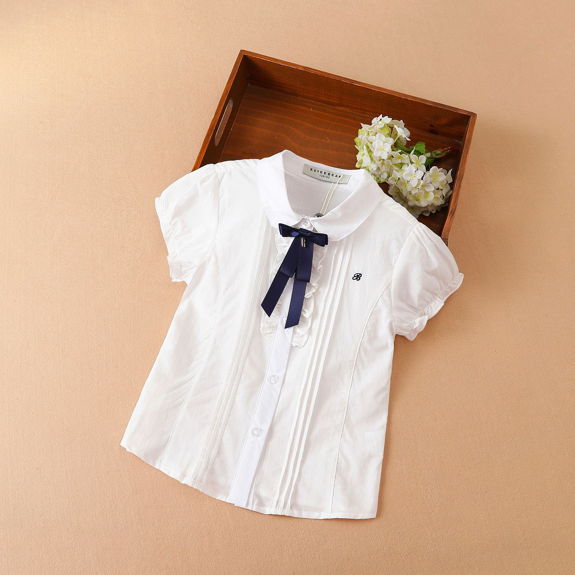 Picture of Girls' Short-sleeved Shirt Spot Summer Korean Style Middle and Big Children's White Bow Pure Cotton Short-sleeved Lapel Children's Shirt