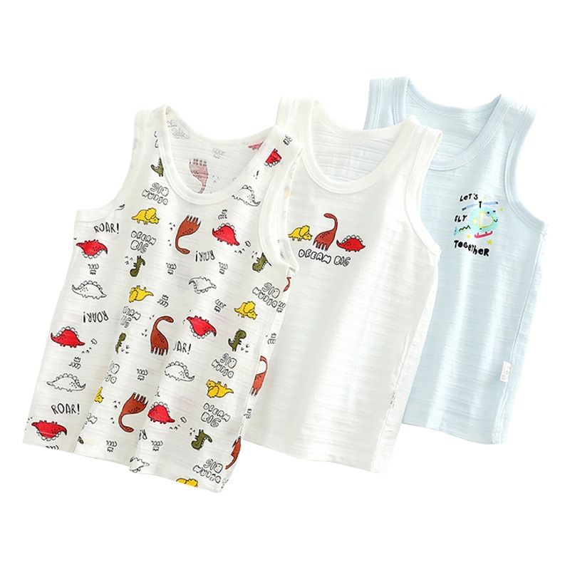 3 PCs Summer Slub Cotton Children's Vest Boys and Girls Baby 100 Cotton Cartoon Sleeveless Base Pajamas Lightweight Breathable