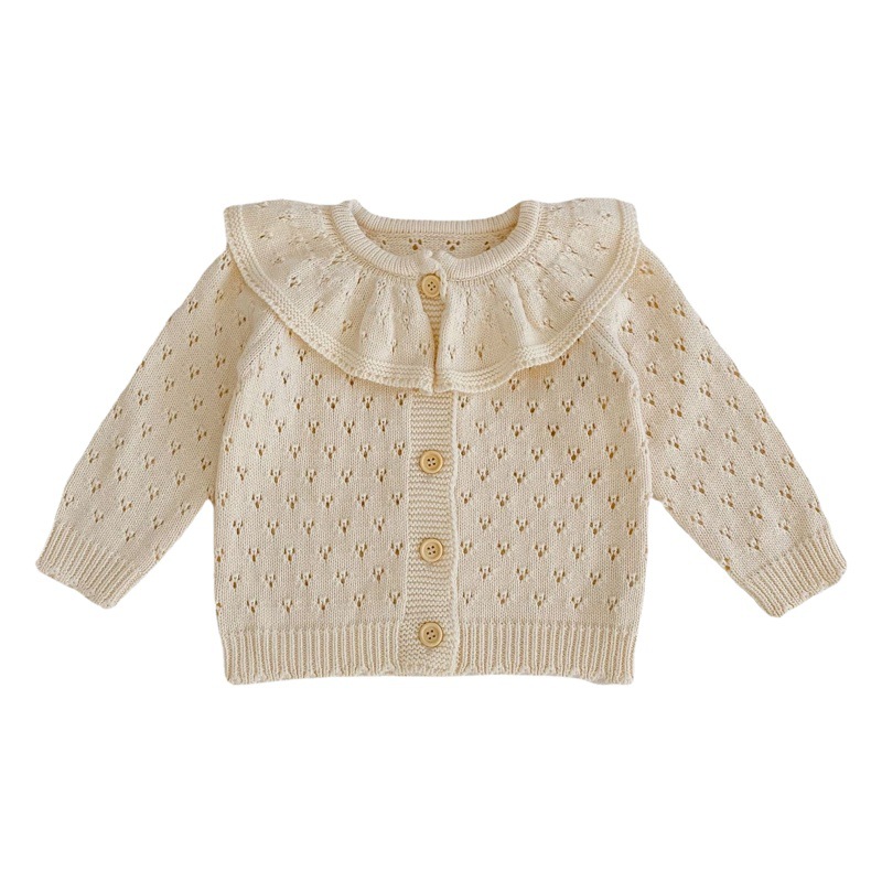 2025 Autumn and Winter Style 0-3 Year Old Baby Girl Cotton Yarn Knitted Cardigan Lotus Leaf Collar Cut Out Long-Sleeved Sweater Jacket