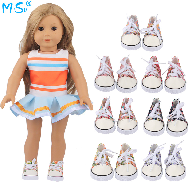 43CM doll shoes 18 inch girl doll new flower canvas shoes summer doll 7cm fashion baby shoes
