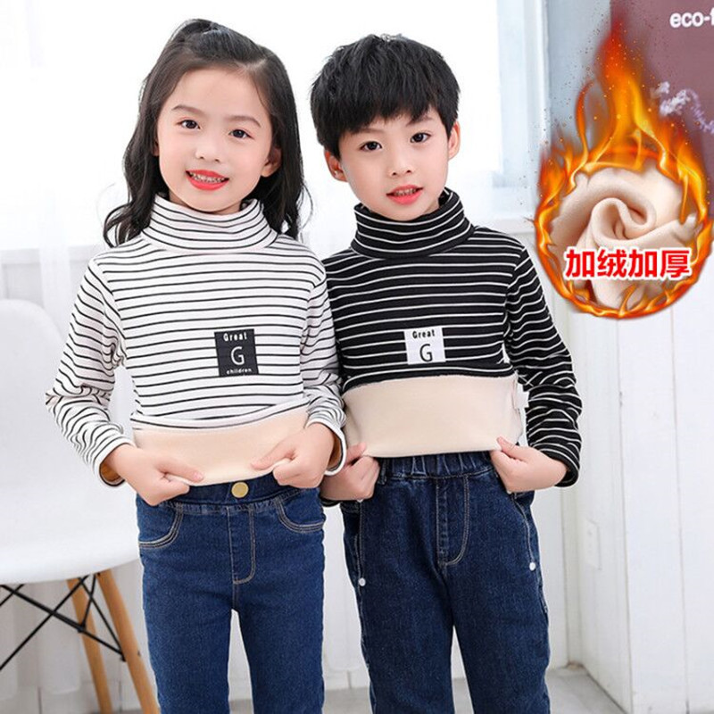 Picture of Children's Striped Fleece-Lined Thickened Base Shirt Turtleneck Top Middle Collar Single-Piece Half-High Collar Long-Sleeved T-Shirt for Boys and Girls