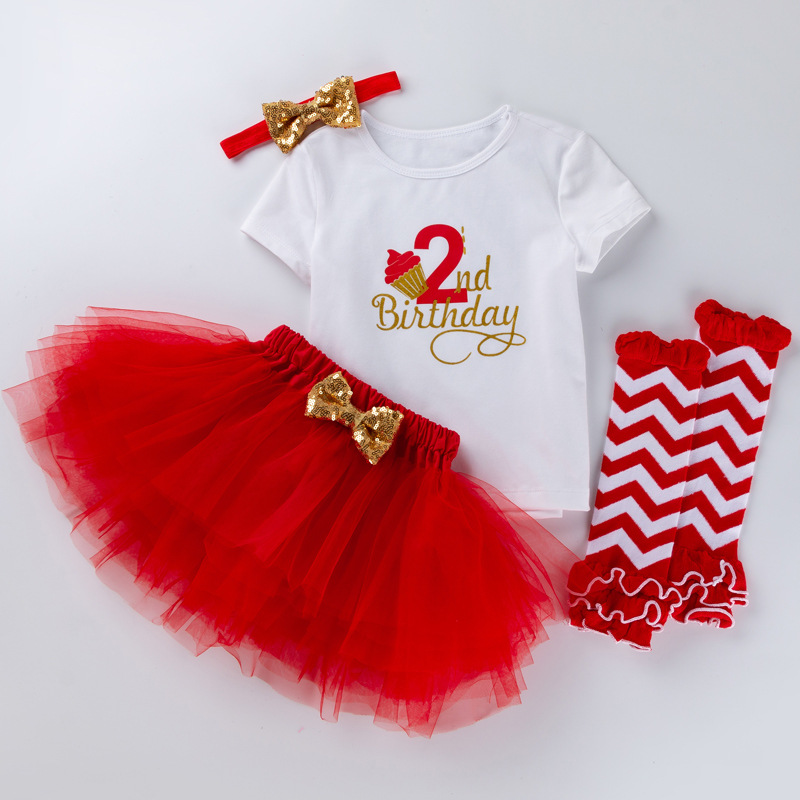 Picture of Cross-border Amazon European and American baby girls' birthday clothes 4-piece letter short-sleeved T-shirt princess dress socks suit