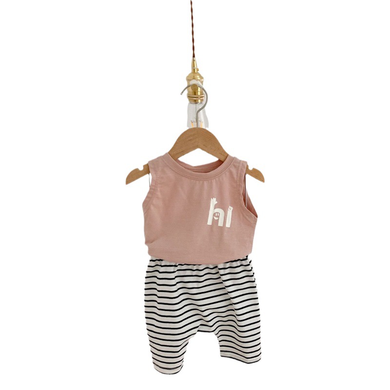 Ins Children's Clothing 2025 Summer Style Baby Male and Female Baby 0-2 Years Old Hi Printed Vest + Stripesd Shorts Cotton Suit