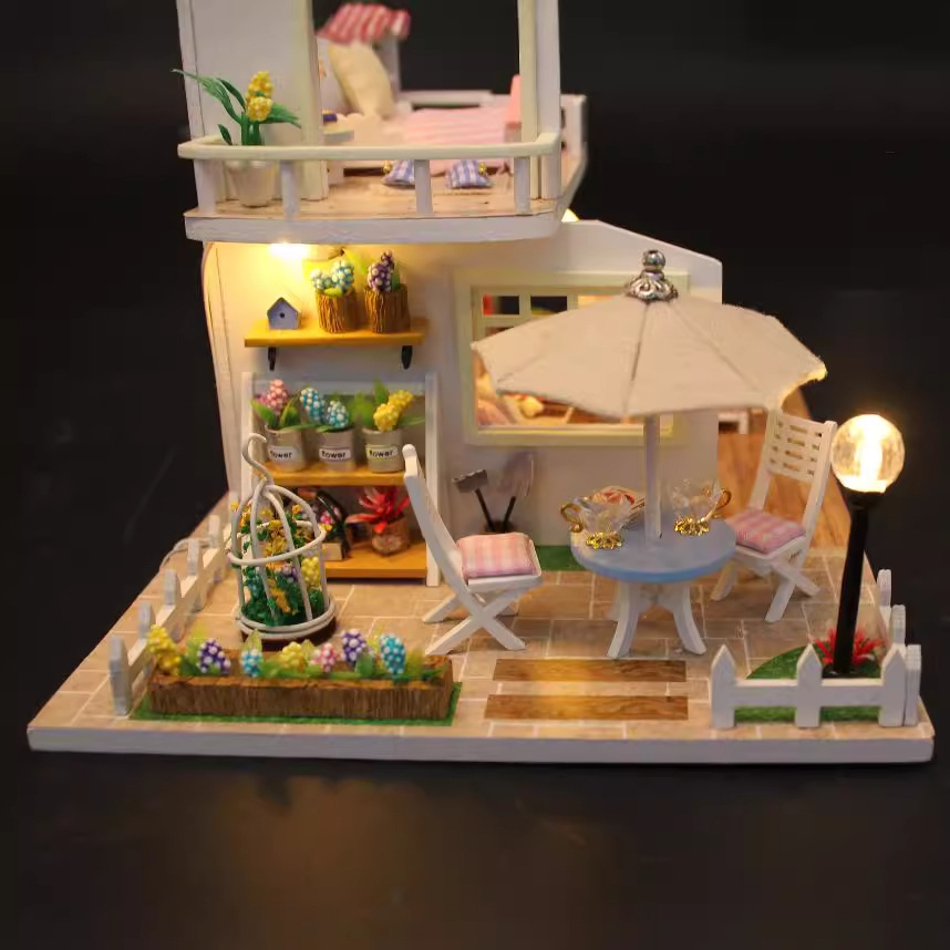Picture of Hongda DIY Cabin Pink Loft Handmade Assembled Mini Villa Model Wooden Diy Cabin Creative Gift