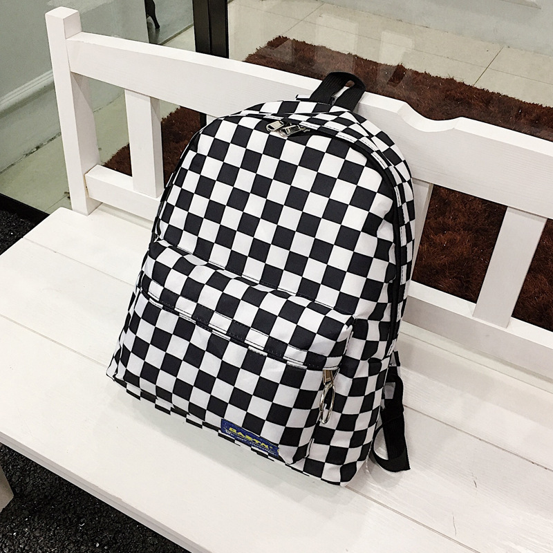Picture of 2018 Black and White Plaid Backpack Casual Nylon Outdoor Travel Backpack Women's Bag Student Schoolbag
