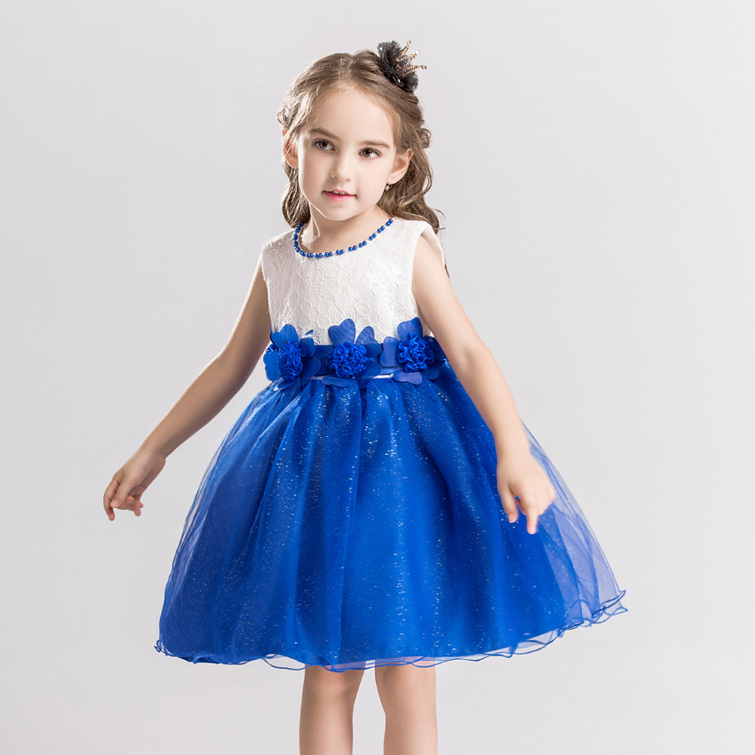 Children's Mesh Puffy Dress Girls Flower Princess Dress Summer Beaded Lace Dress Children's Clothing Wholesale