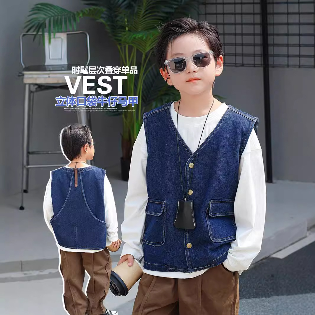 Children's Vest 2024 Autumn New Product Korean Style Handsome Baby Top Western Style Three-Dimensional Pocket Boys Denim Vest
