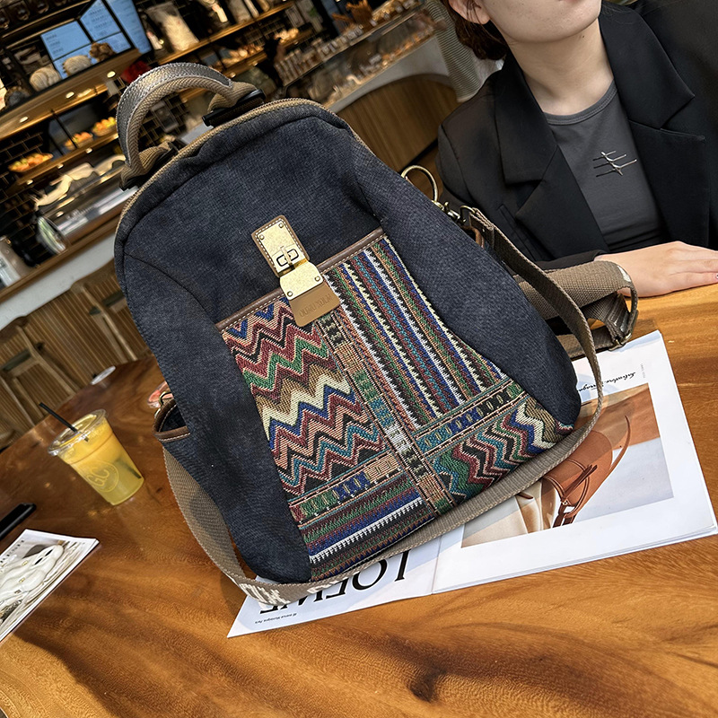 Picture of Large Capacity Canvas Bag 2025 Vintage Embroidered Ethnic Denim Large Backpack Women's Travel Backpack