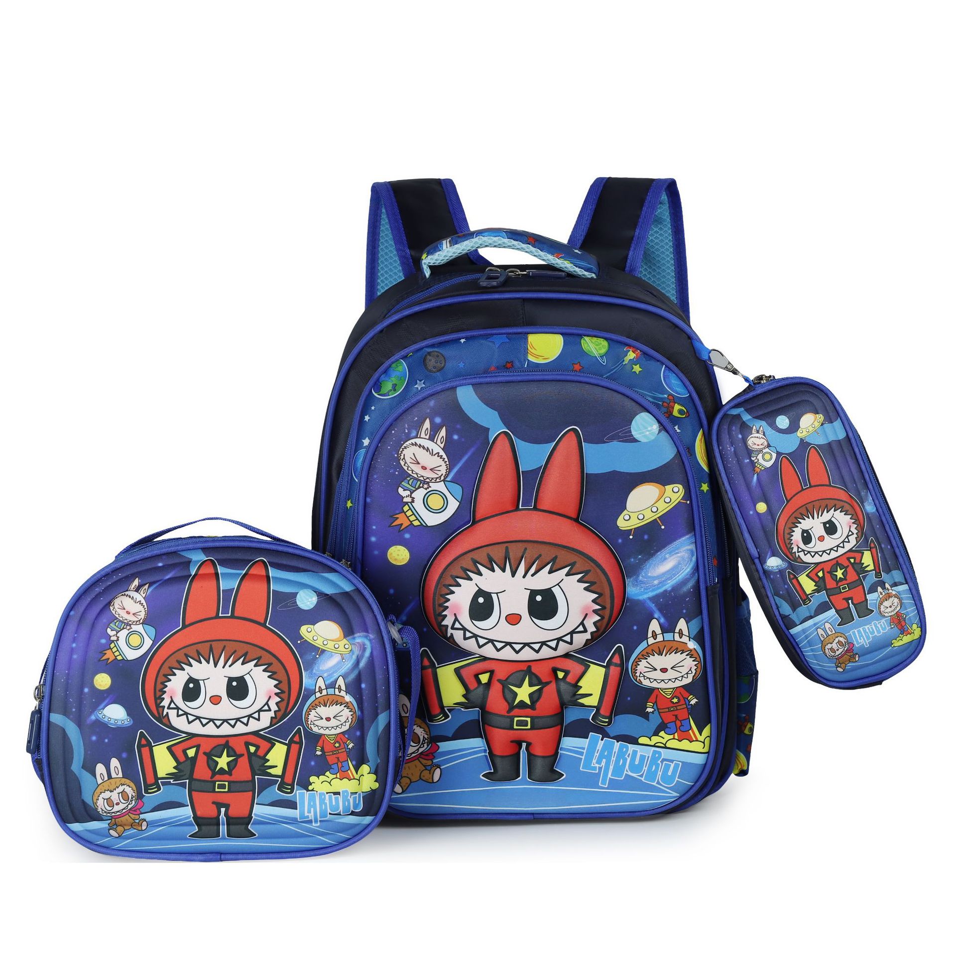 Picture of Cross-border three-piece children's schoolbag 16-inch sleeved pull rod large capacity 3D hard shell labubu kindergarten schoolbag