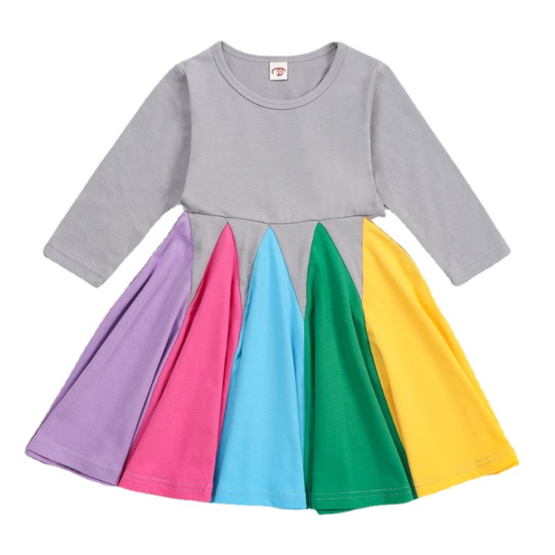 Picture of Girls' Dress New Style Color Matching Children's Long-Sleeved Rainbow Princess Dress
