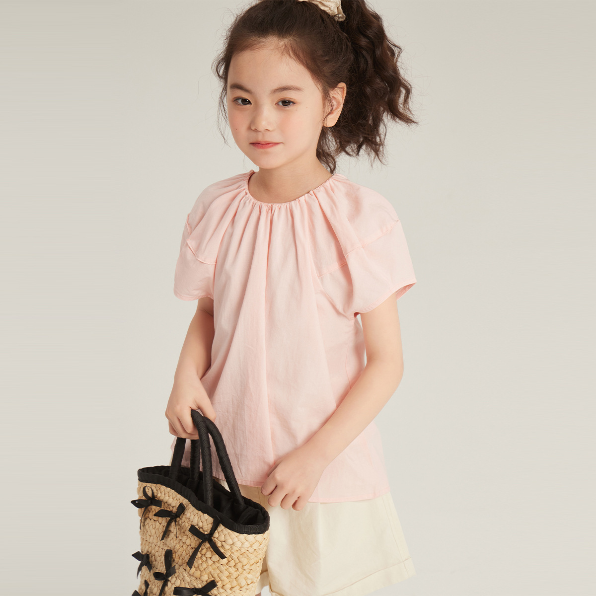Picture of Korean style elegant sweet style girls' puff sleeve T-shirt refreshing and comfortable girls' small shirt 2024 Summer cotton shirt