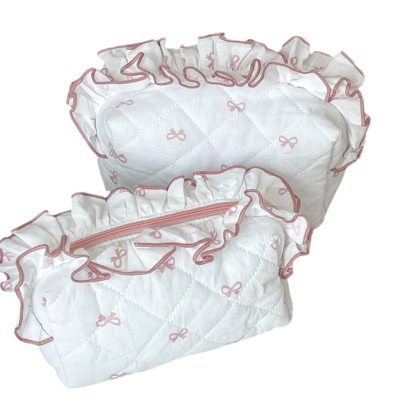 Picture of Lace Bow Makeup Bag Student Portable Sweet Fresh Ruffled Clutch Bag High-value Rhombic Storage Bag
