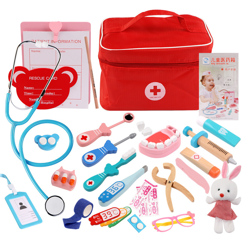 Children's Wooden Simulation Bag Medicine Box Baby Boys and Girls Play House Simulation Doctor Injection Toy Gift