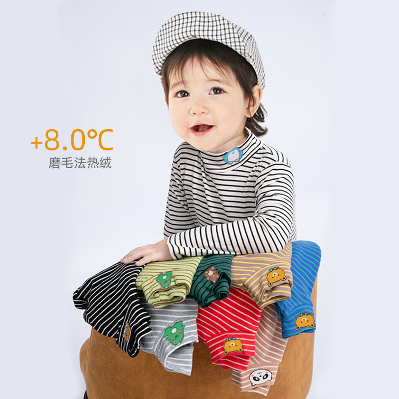 Children's Velvet Fever Boy's Half-high Collar T-shirt Autumn and Winter Top All-match Base Girl Baby Striped Top Clothes