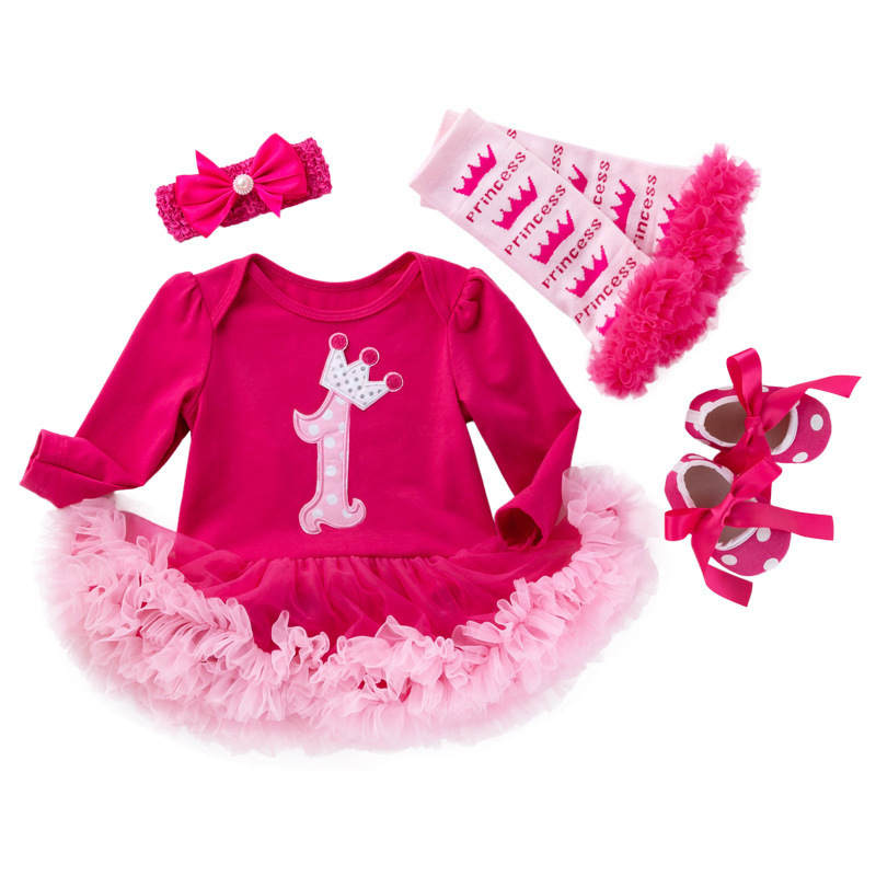 Picture of Cross-border foreign trade baby long-sleeved one-piece dress baby pink yarn dress socks suit girls' holiday children's dress 4-piece set