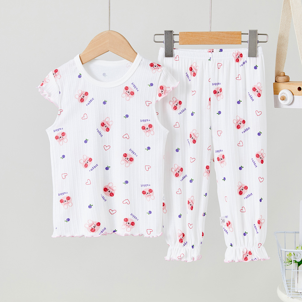 Picture of Children's short sleeve cropped pants set pure color female baby air conditioning home clothing 100 cotton thin bottoming shirt wholesale