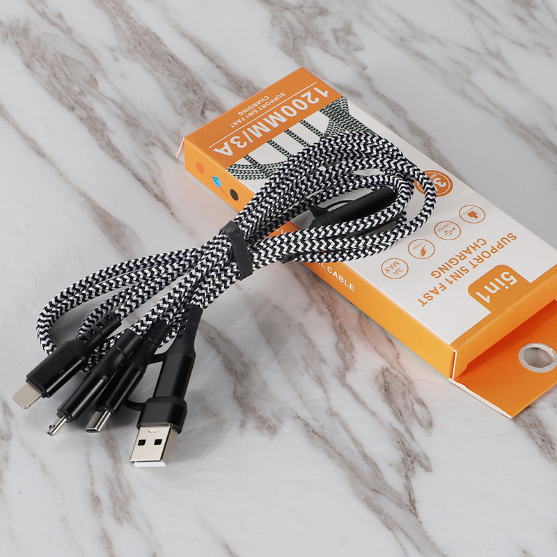 Picture of Suitable for iphone Apple PD fast charging line 2 drag 3 data Line 5 in 1 TYPE-C Huawei nylon braided line