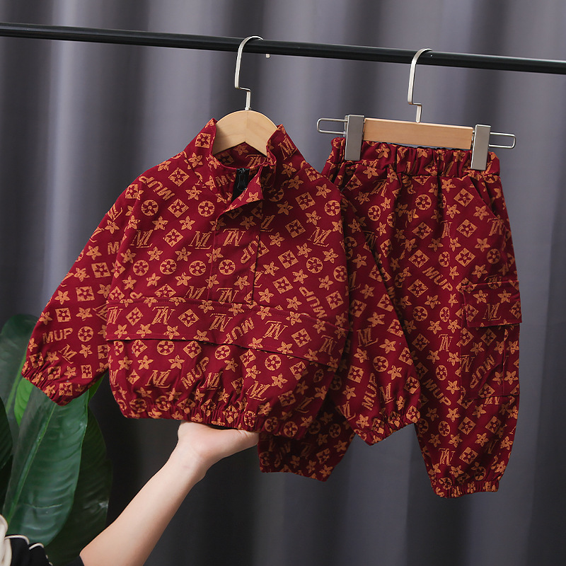 Picture of Children's children's clothing Korean new boys and girls baby two-piece set stitching collar printing long sleeve two-piece suit fashion generation hair