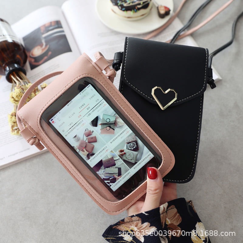 Picture of New Style Simple Mini Crossbody Women's Bag Love Waterproof Buckle Coin Purse Transparent PVC Touch Screen Mobile Phone Bag