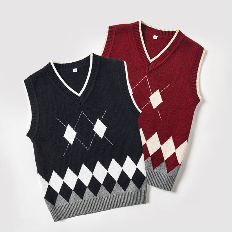 Children's Knitted Vest Vest for Boys and Girls Wool V-Neck Sweater Pullover Pure Cotton Student Uniform One Piece Drop Shipping