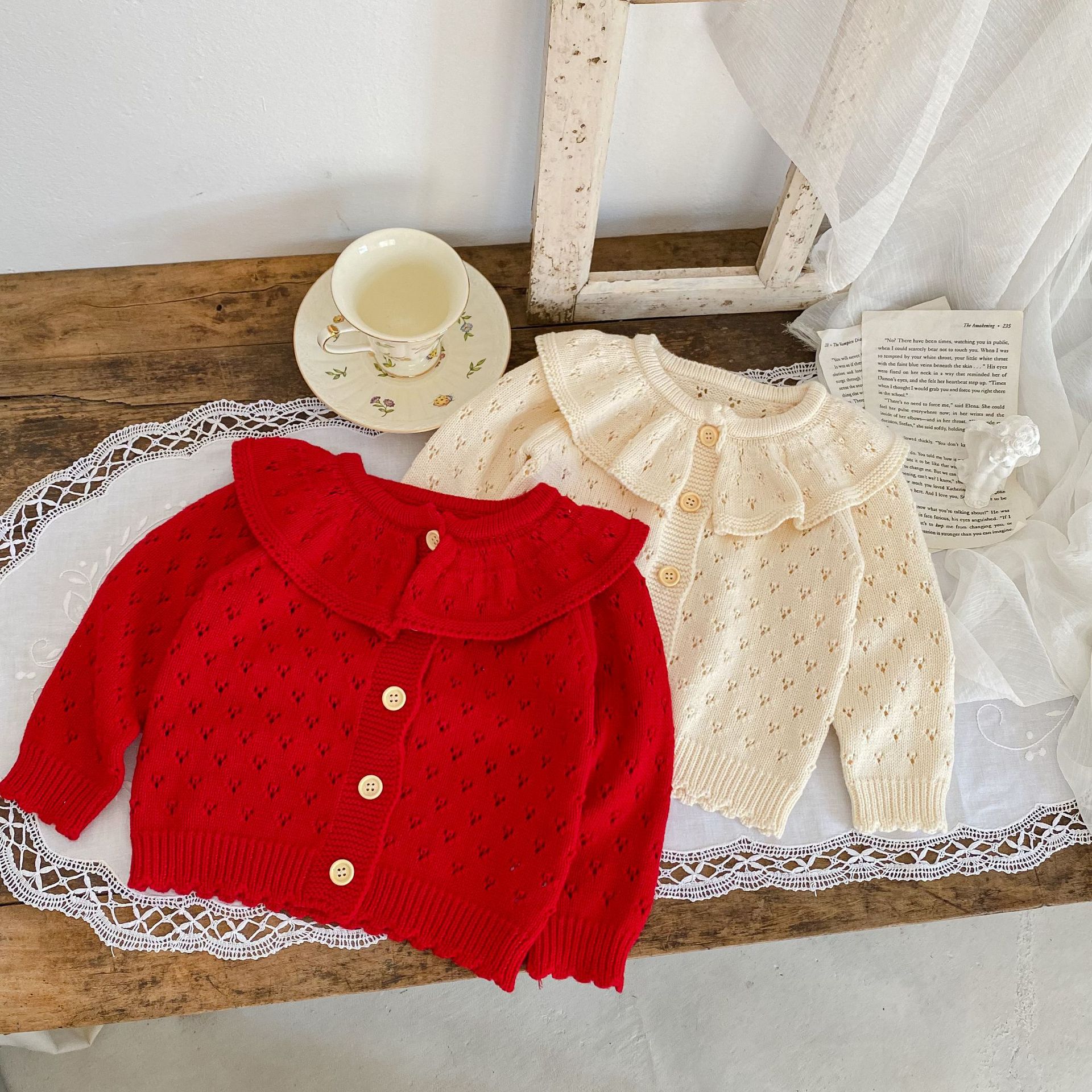 Picture of 2025 Autumn and Winter Style 0-3 Year Old Baby Girl Cotton Yarn Knitted Cardigan Lotus Leaf Collar Cut Out Long-Sleeved Sweater Jacket