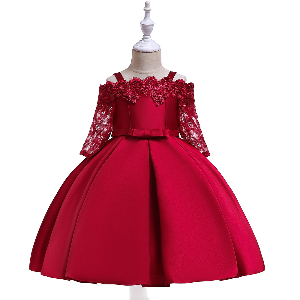 Picture of 2024 cross-border new girls' dress off-shoulder lace hollow-out long sleeve princess dress kids dress