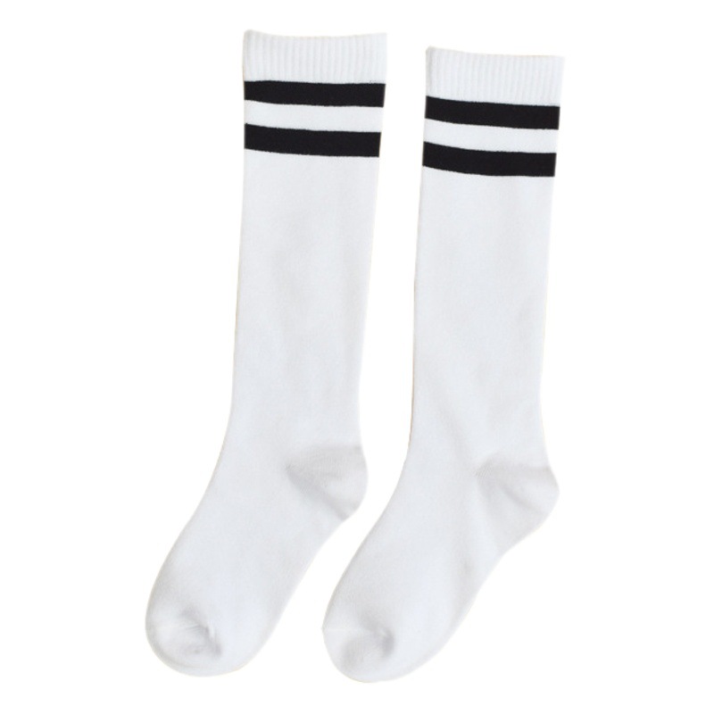Children's Stockings Cotton White 2 Bar Spring and Autumn Summer Boys and Girls Half Student Black But Knee Shallow Socks