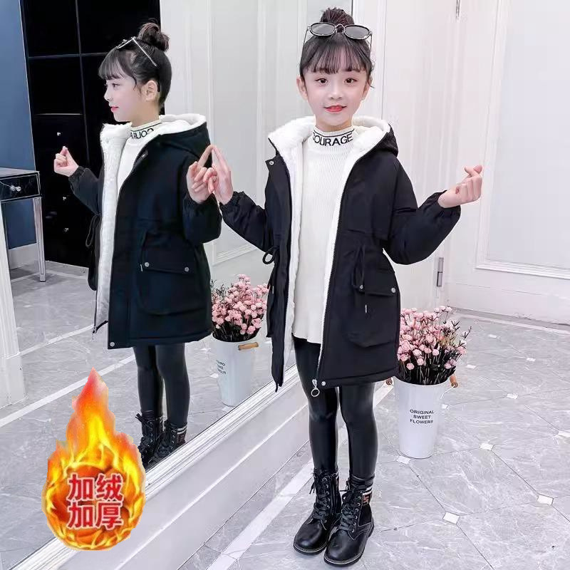 Girls' cotton-padded clothes 2023 new Korean style autumn and winter clothes fleece-lined thickened parka clothes Western style medium and large children's mid-length cotton-padded clothes