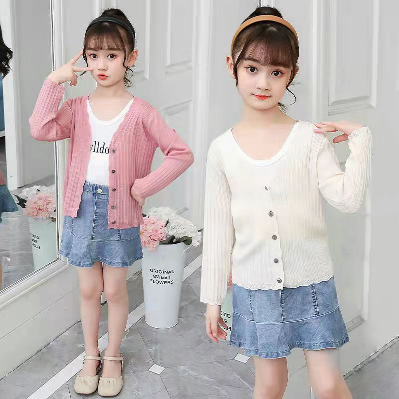 Girls' Knitted Cardigan Thin 2022 New Cute Ice Silk 8-year-old Coat Air-conditioning Shirt Sunscreen New Simple