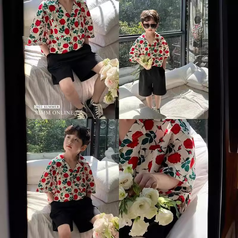 Boys Flower Shirt suit Summer 2024 New Baby Top Fried Street Handsome Children's Short-sleeved Shirt Trendy