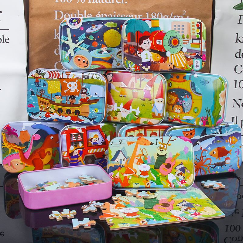 Picture of 60 pieces iron box puzzle children's educational kindergarten early education cartoon wooden puzzle toy generation