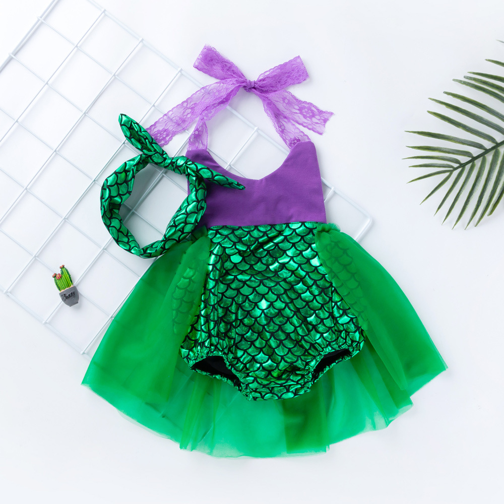 Picture of Baby Summer Mermaid Lace Suspender Dress 0-3 Years Old Cut Out Bellyband Skirt Hair Accessories Set Wholesale