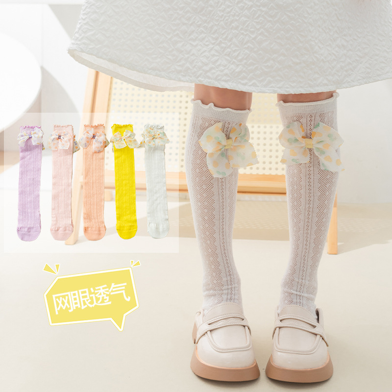 Girls' mid-calf socks summer thin Korean style bow Princess baby stockings mesh little girl calf socks