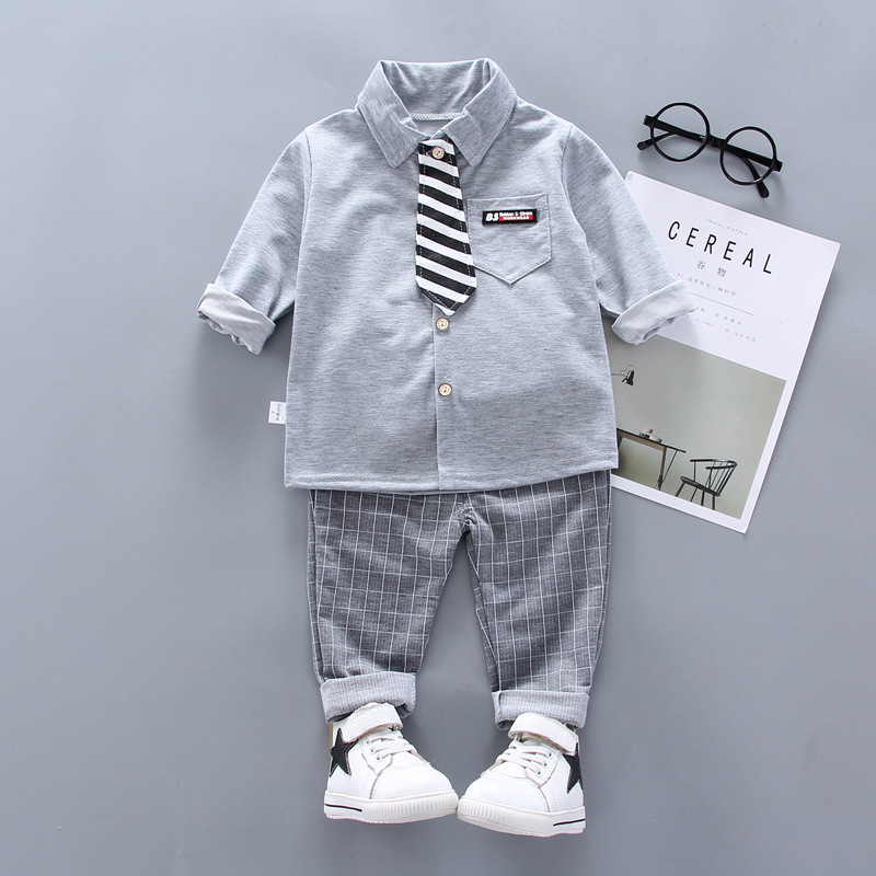 Picture of Foreign trade new spring and autumn lapel tie long sleeve British shirt children's gentleman suit two-piece a generation of hair