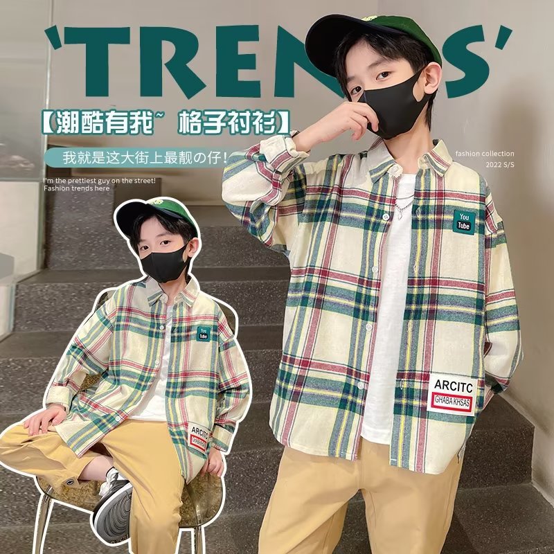 Children's Wear Long-sleeved Shirt Summer Thin 2024 New Style Plaid Mid-large Children's Printed Casual Shirt Loose Top Trendy