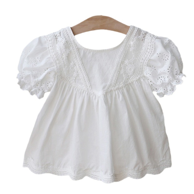 Picture of Children's Bubble Sleeve Cotton Doll Shirt Summer New Girls Baby Princess Style Sweet Embroidered Lace Shirt