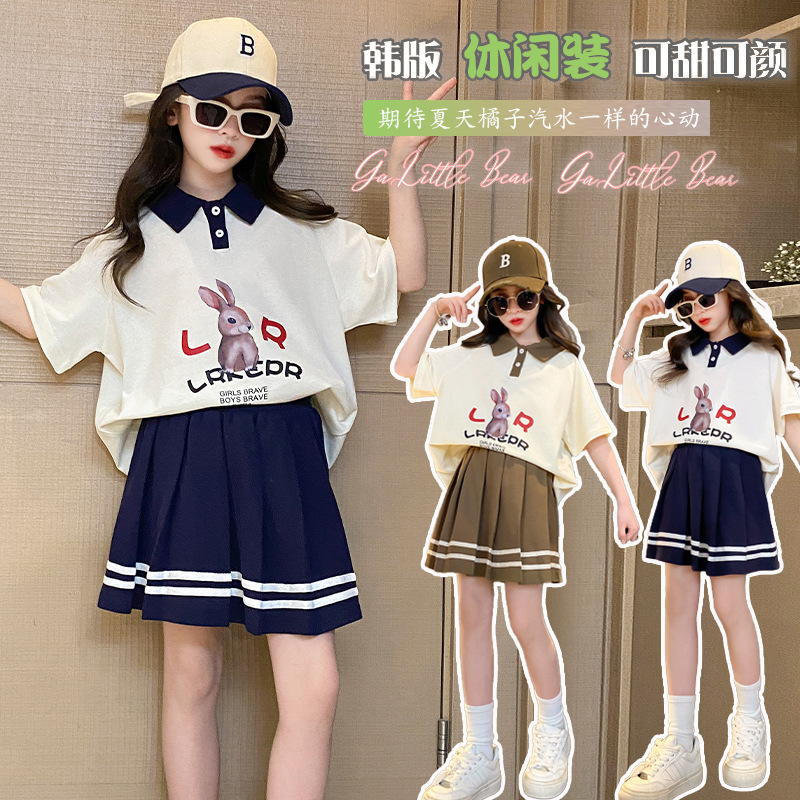 Girls Summer Fashion Casual Suit 2025 New Medium and Large Children Short-Sleeved Polo Shirt Pleated Skirt Two-Piece Summer Suit