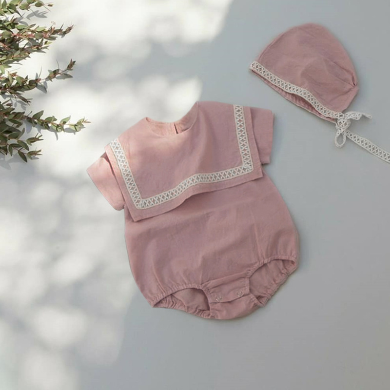 Picture of 2024 summer baby clothing large lapel cotton lace baby jumpsuit baby clothes triangle climbing suit hat