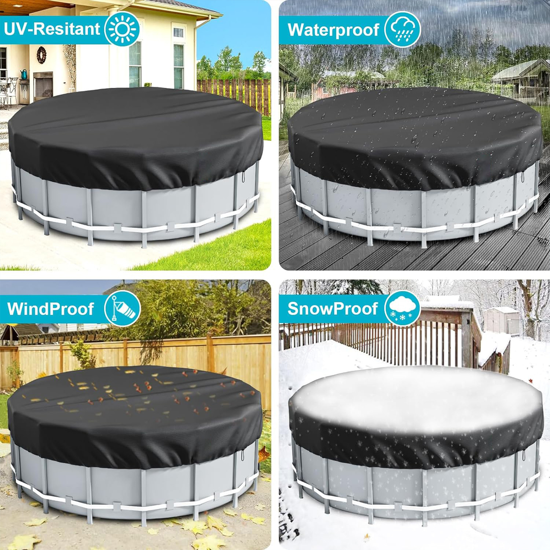 Picture of Black silver Square Round Pool Sunshade Summer Pool Cover Protective Cover with Accessories Bathtub Cover Waterproof and Dustproof
