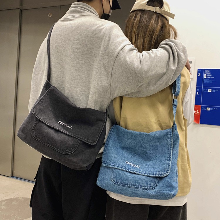 2025 New Crossbody Denim Bag Men's and Women's Canvas Satchel Artistic Student Schoolbag Messenger Bag Simple Tweet Bag