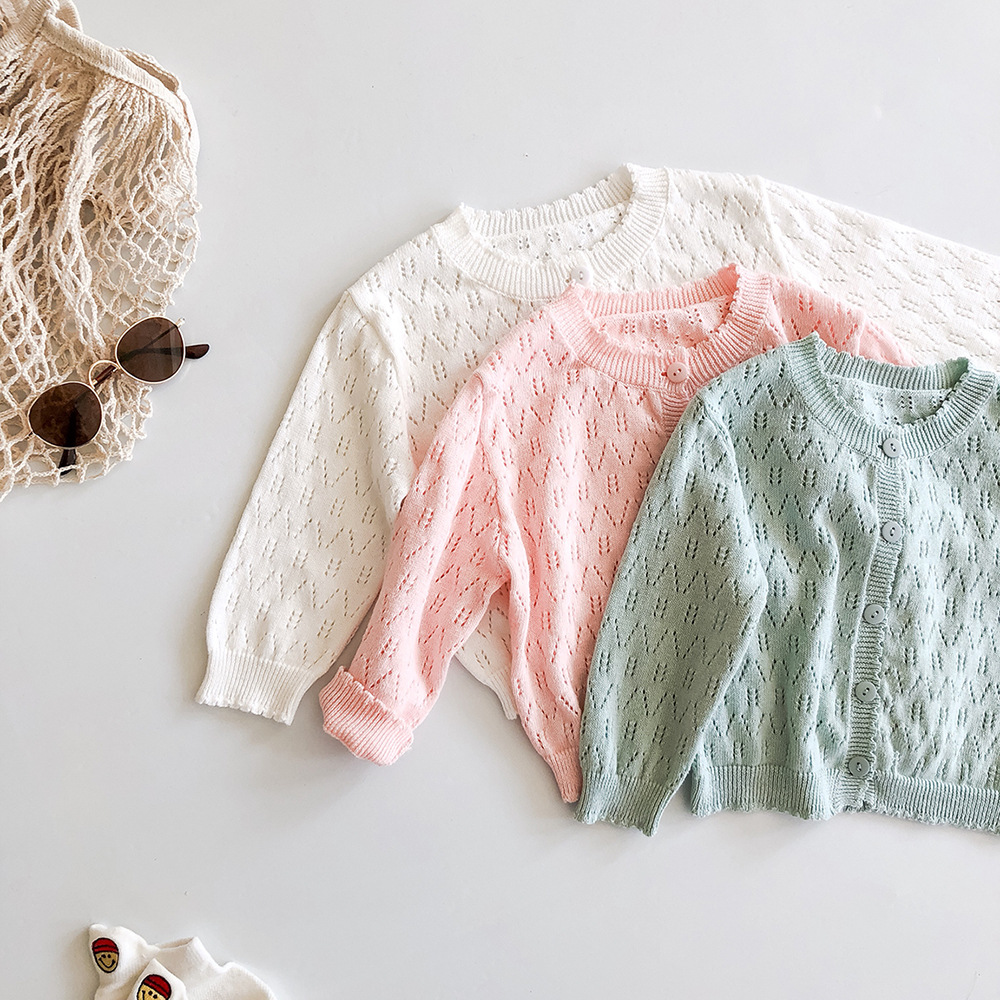 Picture of 2025 Spring and Summer New Sweet Princess Solid Color Cardigan Sun Protection Air Conditioning Shirt Long Sleeve Knitted Hollow Jacket 3 Colors Selection