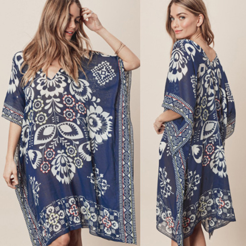 Amazon new navy blue positioning flower chiffon V-neck loose bikini blouse beach skirt swimsuit coat women's cover