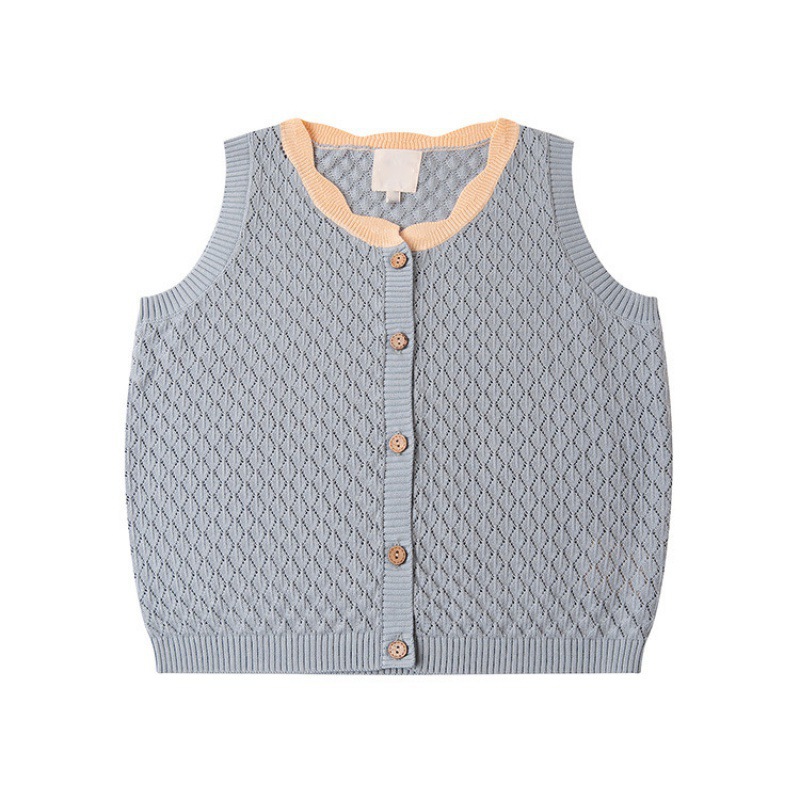 Picture of Young Kidsren's 2024 Spring and Summer Kidsren's Knitted Suit Sleeveless Thin Cut Out Lace Collar Top Wide Leg Pants in Stock
